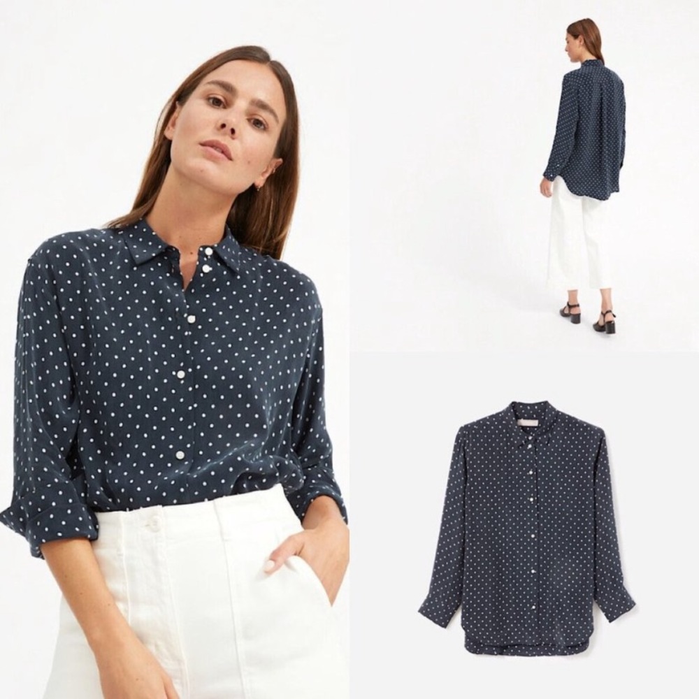 Everlane Long Sleeve Blouse navy with white polka dots Sz 6